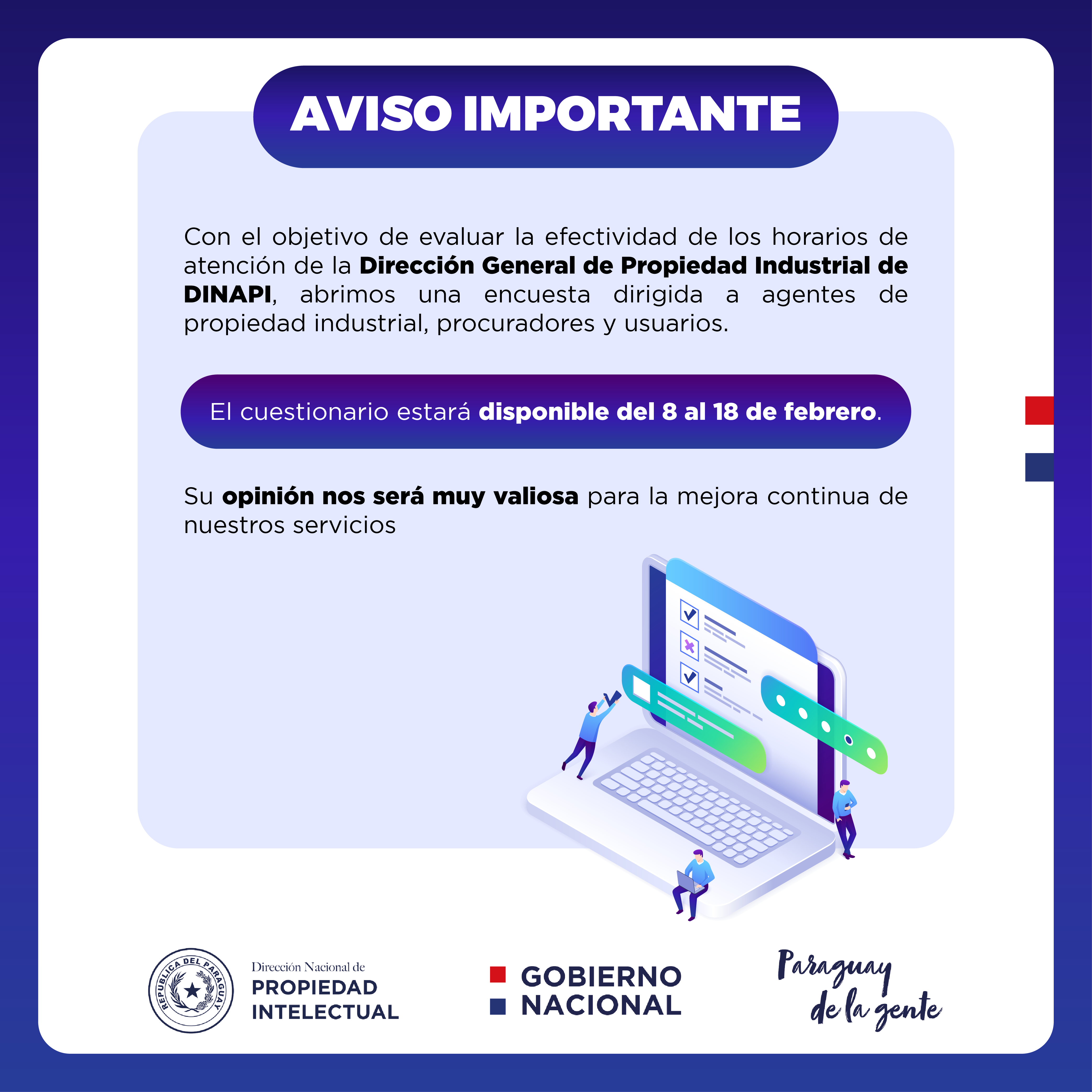 DINAPI realiza encuesta sobre horario de atención en la Dirección de Propiedad Industrial