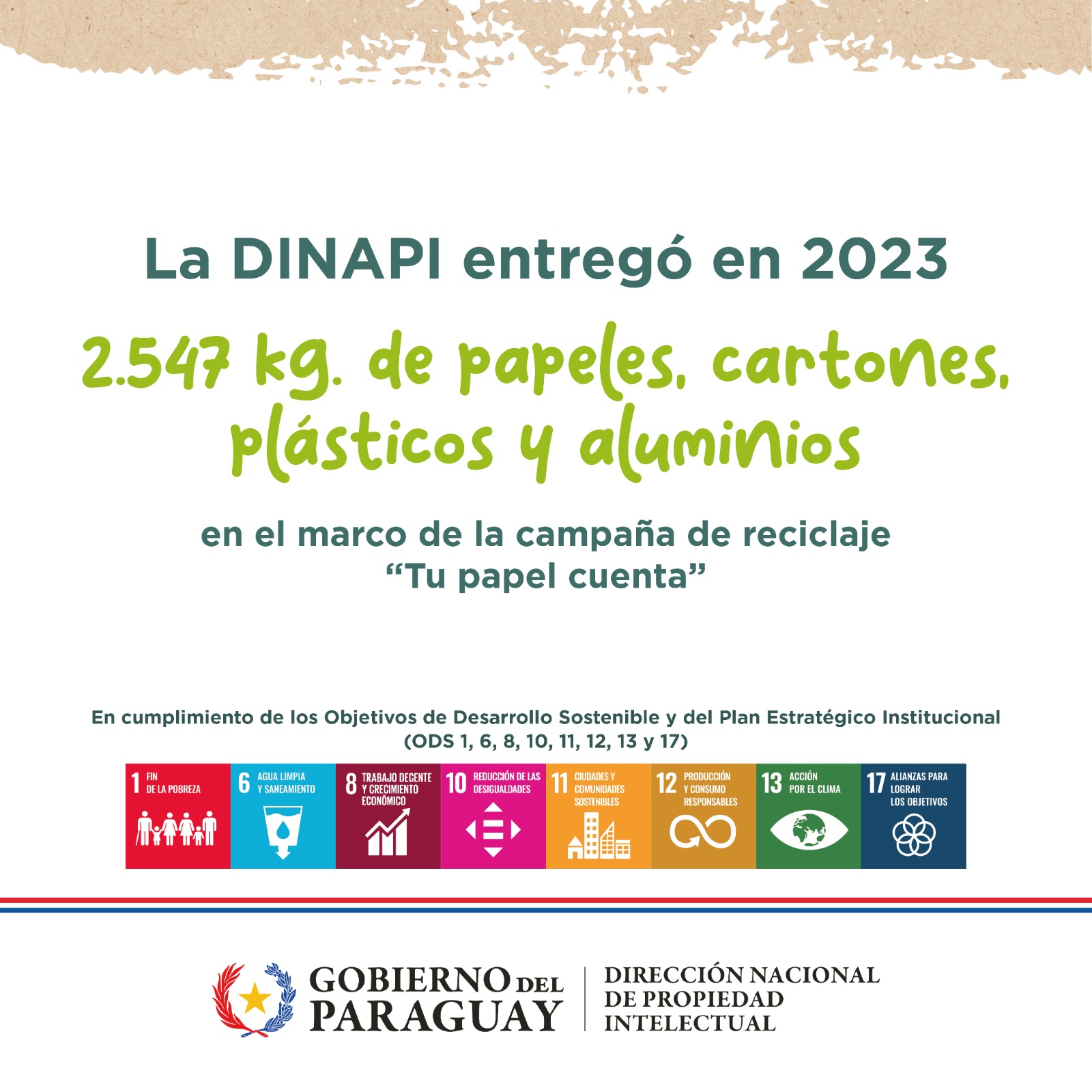 La DINAPI entregó 2.547 kg de materiales reciclables en el marco de la campaña “Tu papel cuenta”